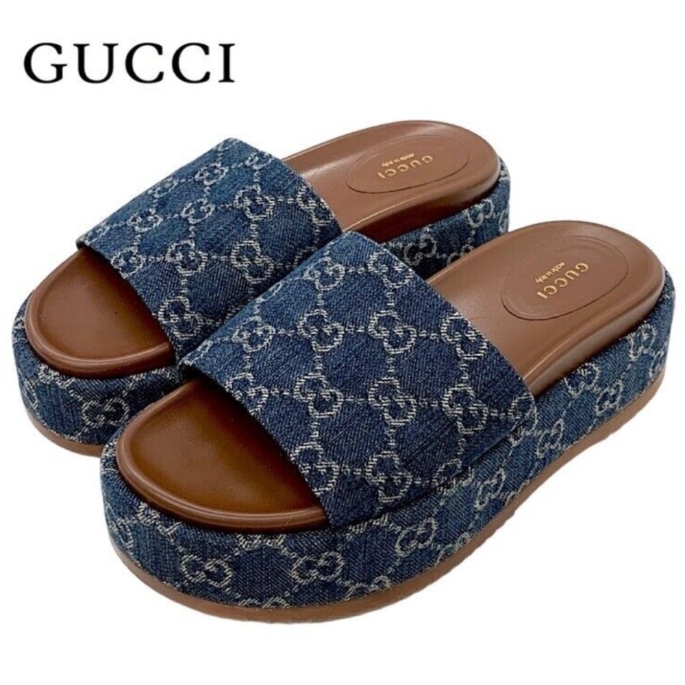 GUARANTEED AUTHENTIC GUCCI Denim GG Monogram Angelina Platform 55mm Blue…